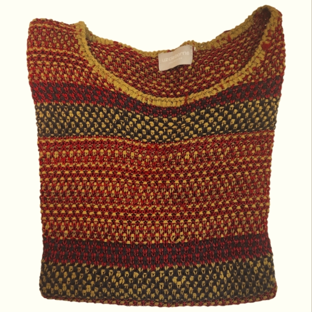 LIZ CLAIBORNE L BURGANDY STRIPPED SLEEVELESS SUPER SOFT OPEN KNIT SWEATER